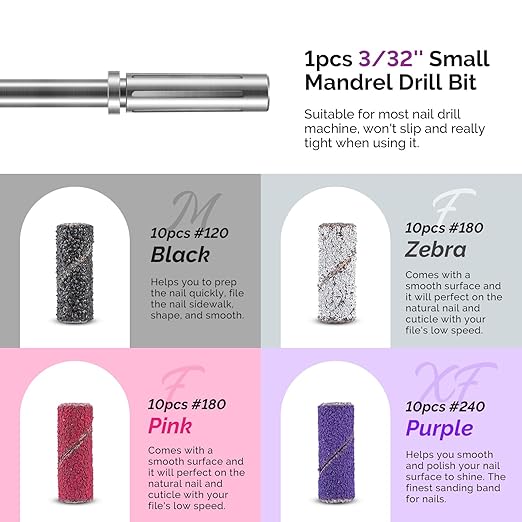 MelodySusie Nail Drill Bits, 10Pcs Diamond Sanding Bit Set with 40pcs Small Sanding Bands (#120#180#240 Grits) with 3.1mm Mandrel Bit, Nail Gel Polish Remover Tool for Acrylic Nails Manicure Nail Prep