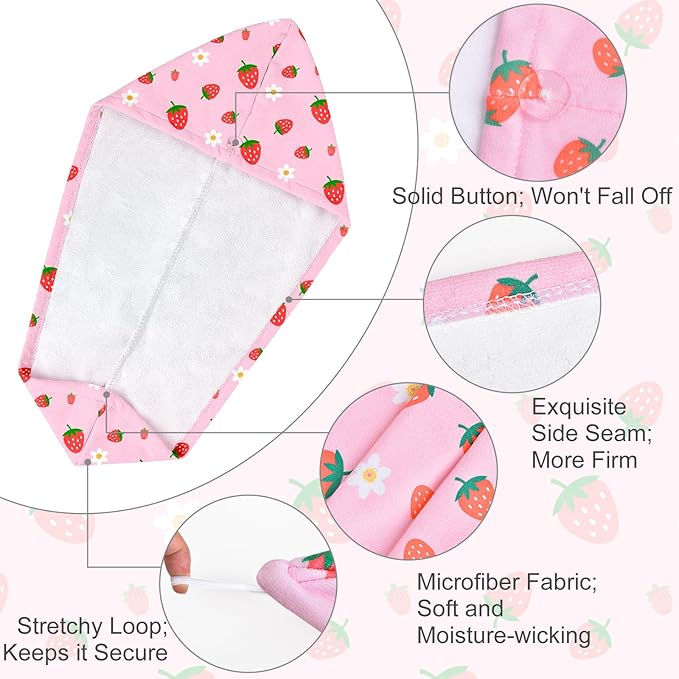 Microfiber Hair Towel Wrap for Kids 2 Pack Quick Drying Hair Towels with Button Hair Turbans for Wet Hair Absorbent Quick Dry Wraps Head Towel Wrap for Women and Girls, Pink Blue Strawberry