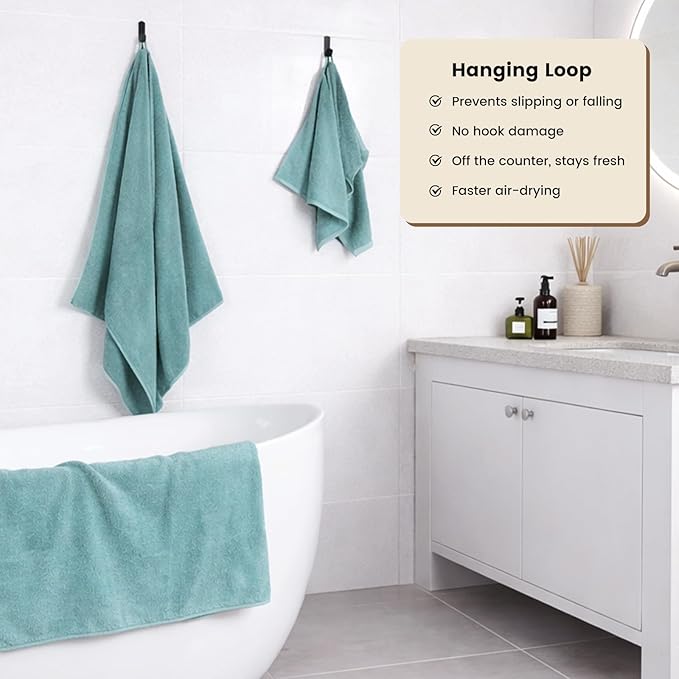 SEMAXE 4 Piece Blue Bath Towel Set for Bathroom, 100% Cotton Bath Towels with Hanging Loop, 55 x 27 Inch, Soft Absorbent & Quick Dry, for Home
