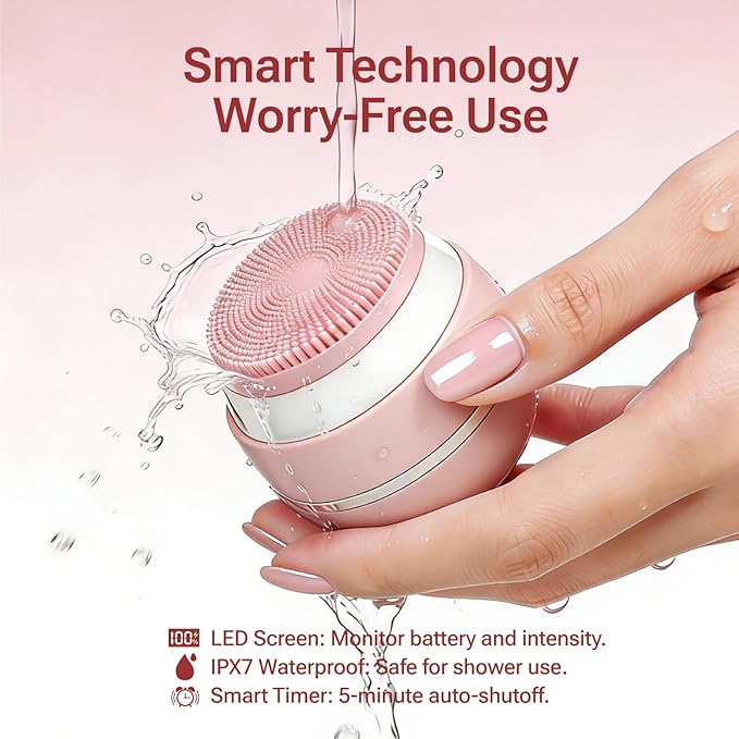 Electric Face Scrubber & Silicone Facial Cleansing Brush - Waterproof Sonic Face Brush Exfoliator with LED Screen, 3 Beauty Light Modes, Rechargeable Face Wash Brush for Deep Cleaning & Massage-Pink