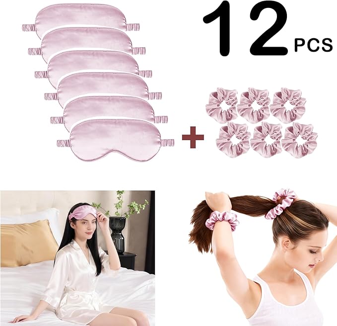 12Pcs Silk Sleep Masks Satin Eye Mask Silky Eyes Cover Blindfold Eyeshade Hair Ties Scrunchy Travel Bridesmaids Gifts