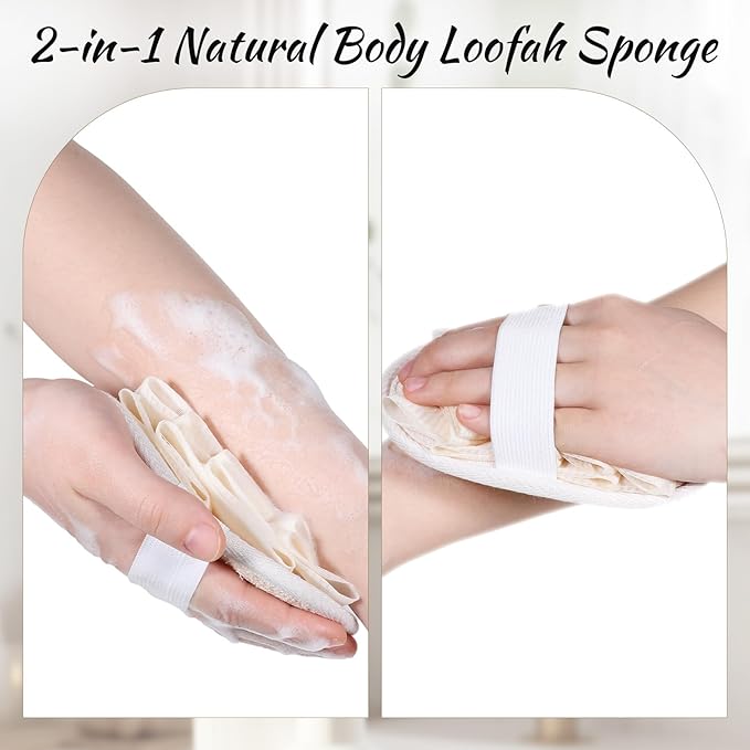 Jeffdad 2Pcs Natural Loofah Sponge, Premium Exfoliating Body Scrubber for Women & Men Ideal Shower Scrubber for Body Perfect for Exfoliation, Cleansing, and Gentle Skin Care(Beige)