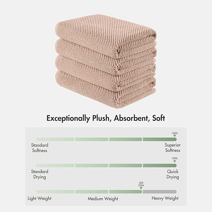 Madison Park 4-Piece Bath Towel Set for Bathroom 30" x 56" Large Diagonal Ribbed, Beige - 100% Cotton Soft Quick Dry & Absorbent Gift | Zero Twist, 500 GSM, Oeko-TEX, Hotel Quality