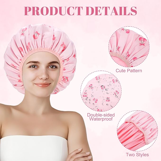 Large Double-Sided Shower Cap for Women, 2-in-1 Reusable Waterproof Cherry Print Bath Cap Pink Mothers Day Gifts from Daughter for Mom Women Girls Long Thick Hair