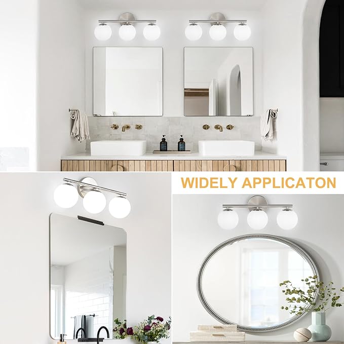Brushed Nickel Bathroom Light Fixtures 3-Light Globe Vanity Light with Plastic Milk White Globe Shades 11.81 inch Wall Sconce Lighting Over Mirror Vanity Lights for Bathroom Bedroom Hallway