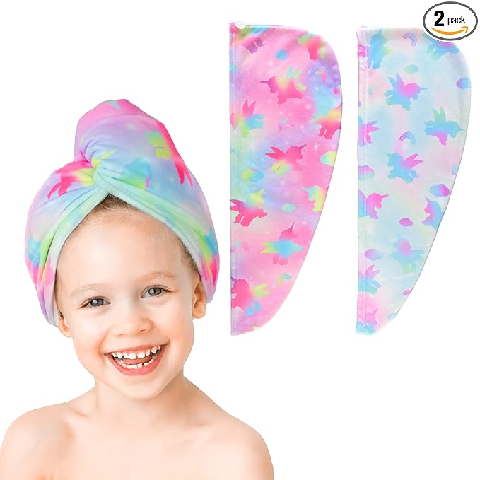 ELLEWIN Microfiber Hair Towel Wrap for Kids Girls 2 Pack Hair Turban Drying for Women Gifts Set Absorbent Quick Dry Twisty Anti Frizz Towel for Curly Long Thick Hair