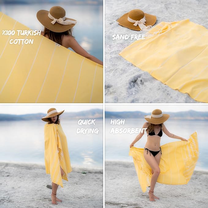Ray Silver Turkish Beach Towel – 100% Cotton 40x71 Quick Dry Oversized Sand Free Lightweight Blanket for Travel Camping Bath Sauna Pool Gym Yoga (1pc - S-Yellow)