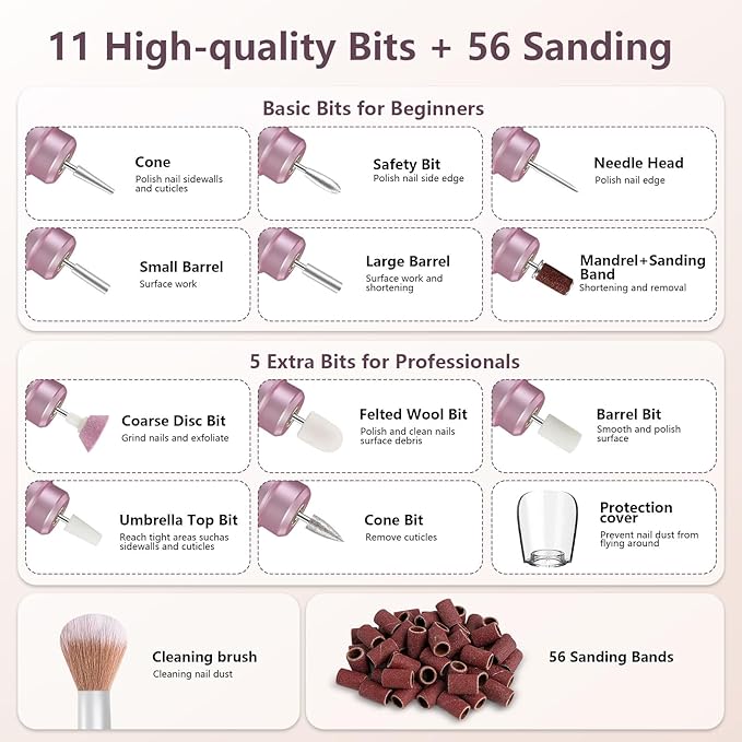 TUOBEO Cordless Nail Drill Electric Rechargeable File Kit, Professional Efile Acrylic Gel Nail Polish Remover Pedicure Manicure Machine Portable Set with 11 Bits 56 Sanding Bands for Salon Home Pink