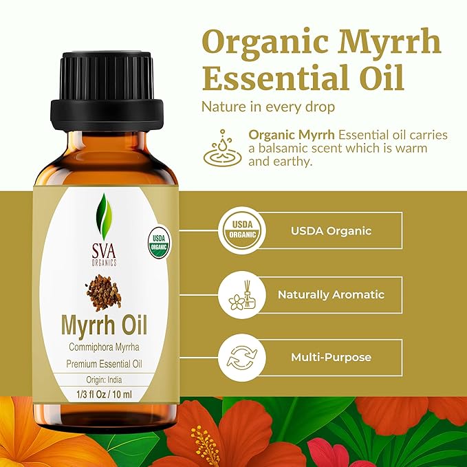 SVA Myrrh Essential Oil Organic – 1/3 Fl Oz – 100% Natural Organic Myrrh Oil - for Diffuser, Hair Care, Face, Skin Care, Aromatherapy, Scalp and Body Massage, Soap and Candle Making