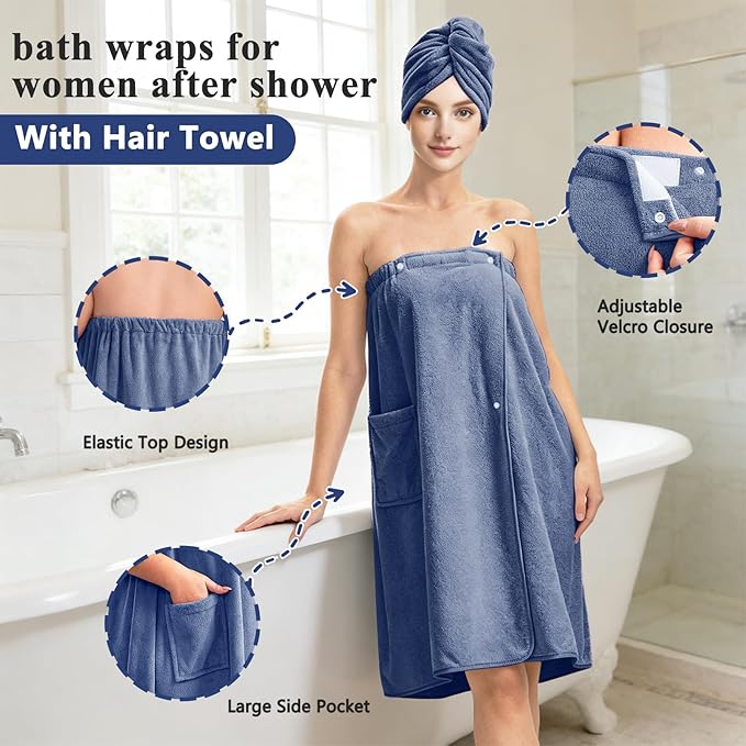 Women’s Adjustable Spa Wrap Towel Set, Microfiber Body Wrap Bathrobe with Matching Hair Towel, Super Absorbent & Quick Dry Shower Wrap for Home, Gym, Pool – Blue