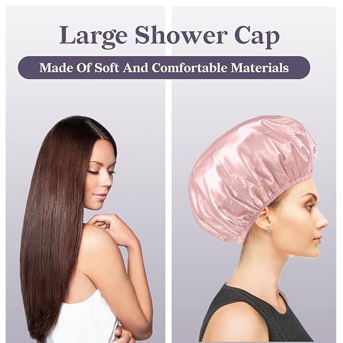 Three-Layer Terry Cloth Lined Satin Shower Cap, with Silk Hair Ties, Microfiber Waterproof Reusable Large Size Shower Cap for Women Long Thick Hair (Pink)