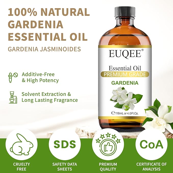 EUQEE 118ml Gardenia Essential Oil, Pure & Premium Grade Aromatherapy Oil Great for Diffuser, DIY Soap, Candle Making, Skin Care, Natural Gardenia Oil Floral Aroma for Mood (4Fl. OZ)
