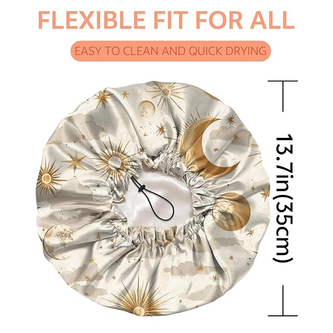 Shower Cap Reusable Double Layer Adjustable Elastic Waterproof EVA Hair Bath Caps for Women Girls Cute Aesthetic-Sun