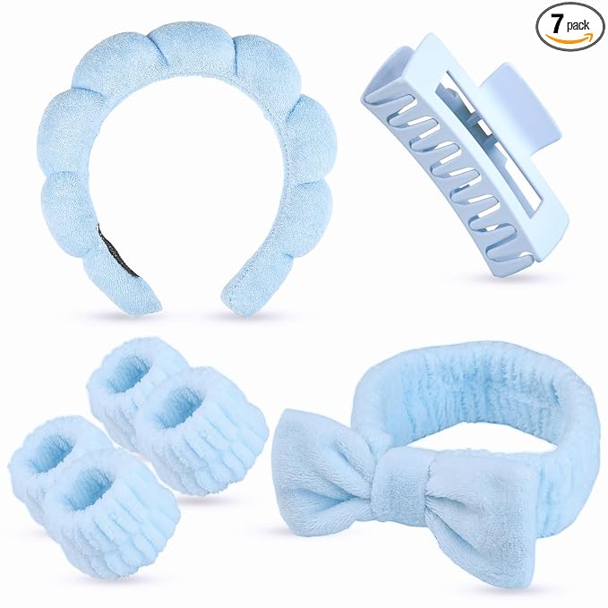 7 Pcs Spa Set, Facial Headband and Wristband Set, Skincare Accessories, College Style Girl Idea Gifts, Hair Accessories for Women and Girls (Blue)