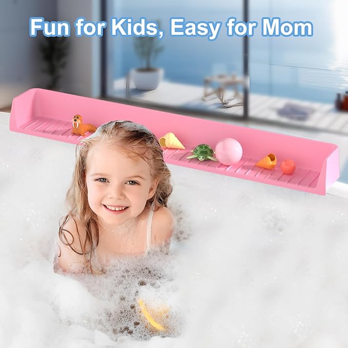 Splash Guard for Bathtub Kids, Silicone Bath Splash Guard Play Shelf, Tub Water Guards Longer Bath Toy Tray Holder, Bath Tub Splash Guard Prevent Water Spills in Bathroom (2.6FT, Pink)