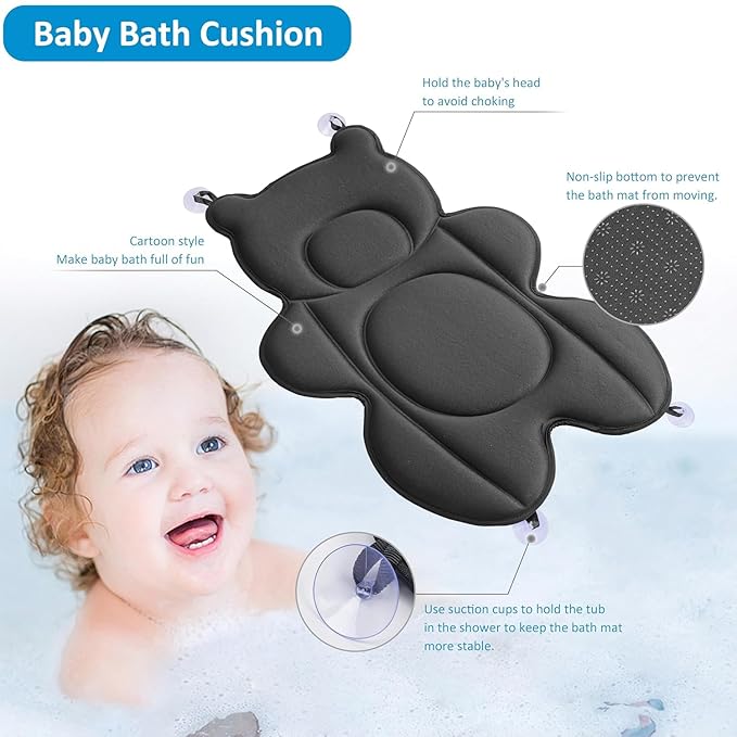 Infant Baby Bath Cushion,Fits Inside Most Baby Bathtubs, Breathable Soft Baby Bath Support Seat,Baby Bath Pad Bath Pillow for Bathtub,Newborn Bath Mat with 4 Suction Cups (Black)