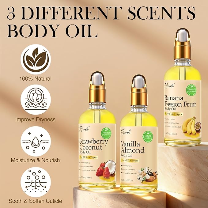 Pjordo 3 Pcs Body Oil with Banana Passion Fruit, Vanilla Almond & Strawberry Coconut, Body Oil After Shower for Moisturize & Nourish Skin, Body Moisturizers for Dry Skin, Cuticles & Hair, Non Greasy