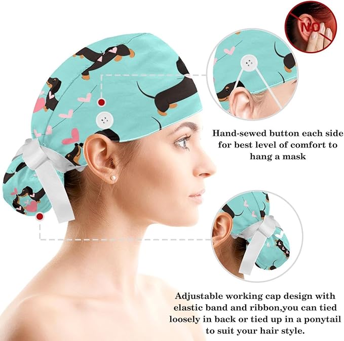 Ethnic Aztec Pattern Adjustable Scrub Cap Hat with Button, Working Hat Sweatband with Bow Hair Scrunchy for Woman