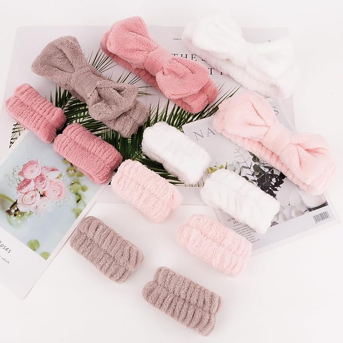CIEHER 12 PCS Makeup Headband for Women Wrist Washband Scrunchies Cuffs for Washing Face, Soft Bow Hair Band Matching Wristbands, Rose Pink, Light Pink, Khaki Brown, White