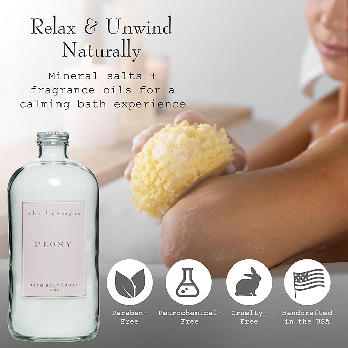 K. Hall Designs Peony Bath Salt Soak with Vitamin E, Peaceful Peony Scent with Watery Notes, Relaxing Bath Products for Women & Men, 32 oz