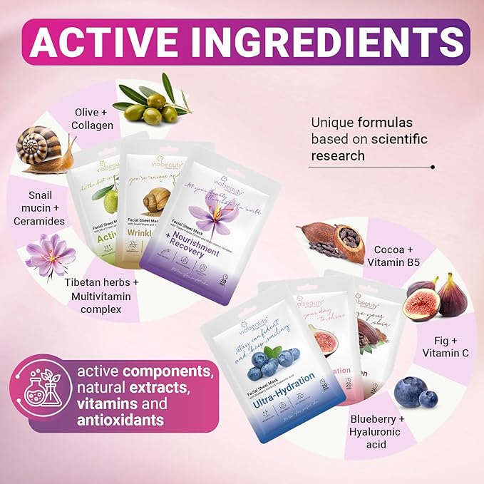 VIABEAUTY 6 Pack of Sheet Face Masks Skincare - Collagen Face Mask Sheets with Hyaluronic Acid, Vitamin C, Snail Mucin - Facial Sheet Mask for Hydrating, Moisturizing, Rejuvenating