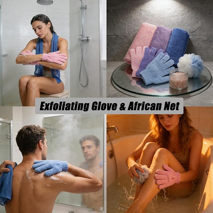 6 Pack African Net Sponge Exfoliating Glove Set, 3 Pairs Shower Gloves and 3 Long Net Body Scrubber Back Scrubber for Deep Cleansing & Smooth Skin