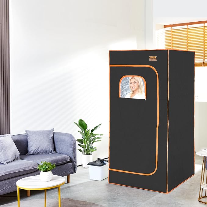 VEVOR Portable Steam Sauna Tent Full Size, 1600W with Visible Window, Personal Sauna Kit for Home Spa, Soothing Heated Body Therapy,Time&Temperature Remote Control with Chair,Black, 2.9’x 2.9’x 5.8’