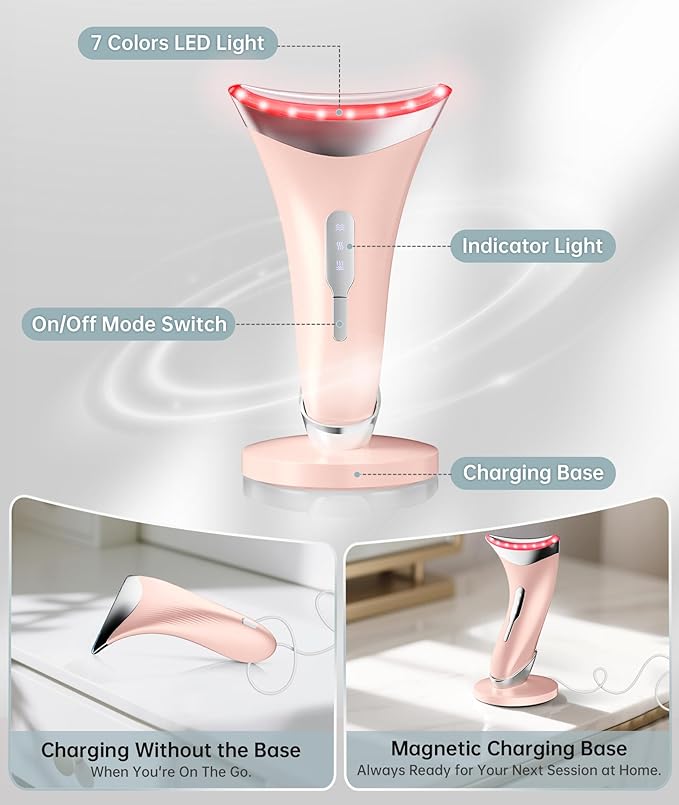 Dopsikn 7 Color Light Therapy Facial Massager with Adjustable Vibration and Thermals for Wrinkles, Double Chin, Red Light Skin Care Tool with Base, Pink
