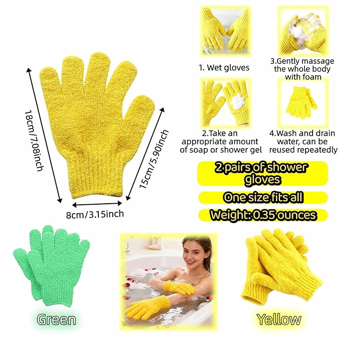 4-Pack SpaGlow Exfoliating Bath Gloves - Body & Face Scrub for Smooth Skin, Prevent Acne, Unclog Pores. Deep Cleansing and Massage Spa Gift Set for Women/Men, Yellow and green