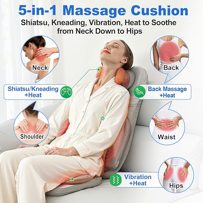 Shiatsu Massage Cushion for Neck and Back with Heat - 4D Kneading, Vibration for Muscle Relief, Dual-Neck Design, Adjustable Intensity and Height for Office Chair and Home Use, Brown