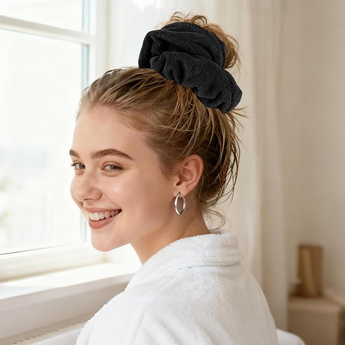 Wecoe Hair Towel Scrunchies 2pcs Soft Absorbent Large Microfiber Hair Drying Scrunchies Thick Fuzzy Scrunchy Ponytail Holder Gifts for Women(Black & Pink)