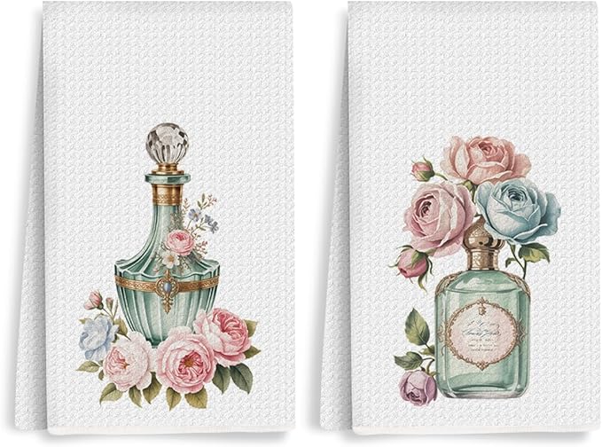 2pcs Vintage Rose and Perfume Bottle Floral Kitchen Towels, Multifunctional Absorbent Lightweight Microfiber Towel, Perfume Lover Gift, Suitable for Home Kitchen Dinner Wedding Gift, Home Decor
