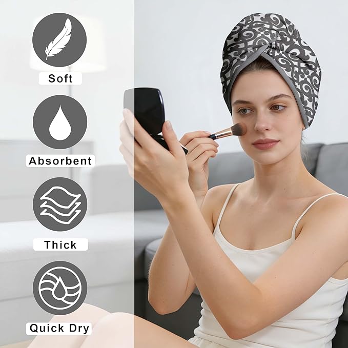 VOOVA & MOVAS Dark Gray Microfiber Hair Towel Wrap for Women 2-Pack, Super Absorbent Quick Dry Hair Towels for Wet Hair After Shower, Soft Lightweight Hair Wraps