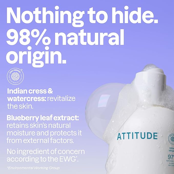 ATTITUDE Bubble Bath, EWG Verified, Plant and Mineral-Based, Dermatologically Tested, Vegan Body Care Products, Extra Gentle, Unscented, 16 Fl Oz