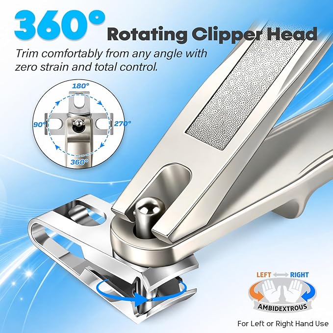 8-in-1 Heavy Duty Toenail & Fingernail Clippers for Seniors Men with Thick & Ingrown Nails - Manicure Pedicure Kit with 360° Swivel Head - Professional Wide Jaw Podiatrist Tools