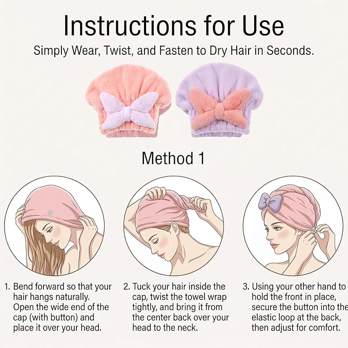2Pcs Skin-Friendly Hair Drying Cap Quick-Drying Hair Towel Cap Microfiber Hair-Towel Bonnet (Pink+Purple)