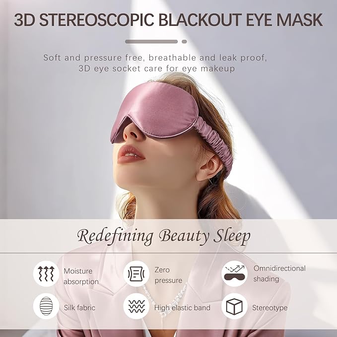 Adjustable Silk Sleep Mask for Custom Comfort | 3D Contour & Blackout Nose Wing | Universal Fit for All Head Sizes | 100% Mulberry Silk Eye Mask for Sleeping | Yueerbao (Bean Pink)
