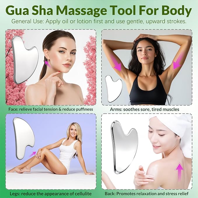 kullder Gua Sha Facial Tools & Face Roller Set 2pcs: Stainless Steel Lymphatic Drainage Massager & Ice Roller for Eye, Body, Neck, Jawline Sculptor, Skin Care Routine, Self Care Gifts for Women