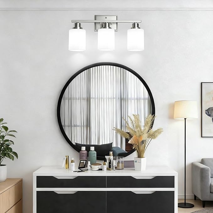 Unicozin 3-Light Bathroom Light Fixtures, Modern Brushed Nickel Vanity Light Over Mirror, Wall Sconces with Milky White Glass Shades for Living Room Bedroom Hallway E26 Base