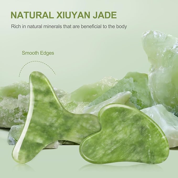 Jade Stone Gua Sha Massage Tool Set Larger Guasha Board with Handle Muscle Scraping Massage Tools Facial Anti Cellulite Spa Acupuncture Tools for Back Neck Face Leg Massage, Lymphatic Drainage