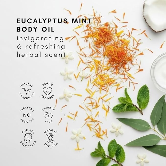 Olivia Care Body Oil Eucalyptus Mint Vegan & Natural | Hydrating & Moisturizing - Infused with VITAMIN E, K & Omega Fatty Acids - Refreshing Fragrance - (Eucalyptus Mint)