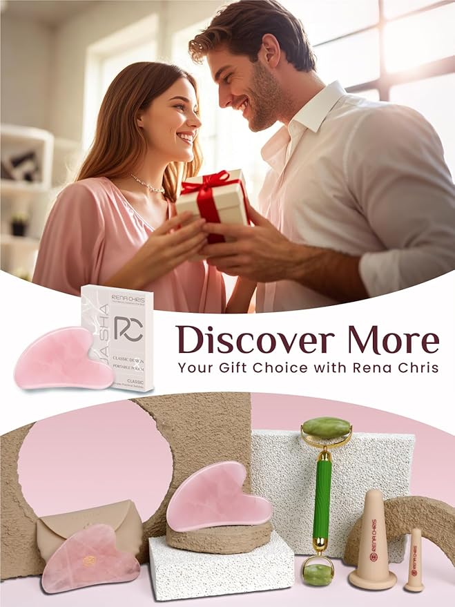 Rena Chris Gua Sha Facial Tools, Pink Stone Guasha Tool for Acupuncture, Manual Massage Tool for Jawline Sculpting and Puffiness Reducing, Gua Sha Facial Massage Tool, Skin-Care Gift (Pastel Pink)