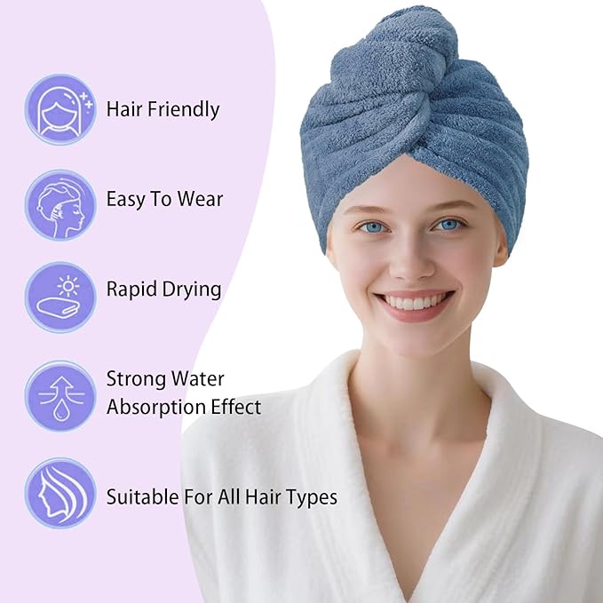 Microfiber Hair Drying Towel Wrap for Women, Hair Turbans Towel for Wet Hair,turbie Twist Hair Towels(The Color of the Picture is for Reference only) (Dark Blue-Double Layer)