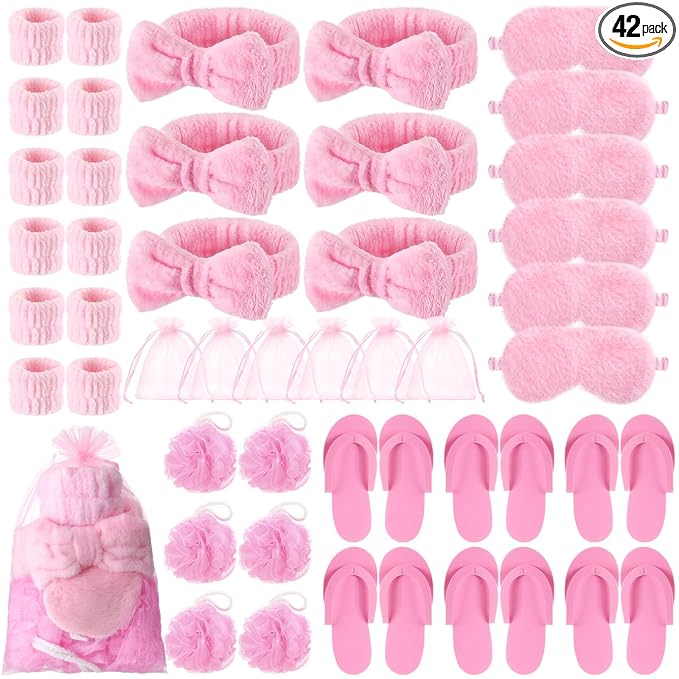 Moucuny 42 Pcs Summer Spa Sleepover Party Supplies Bulk for Women Include 6 Pink Hairbands 6 Eye Masks 12 Wristbands 6 Bath Loofahs 6 Pairs Disposable Slippers 6 Organizer Bags(Classic)