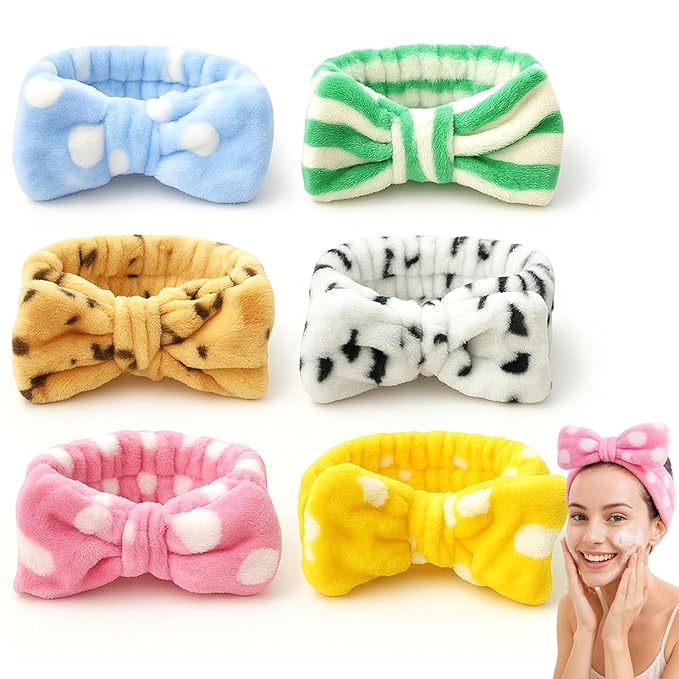6 Pcs Spa Headband for Washing Face,Skincare Headband with Removable Bow,Furry Face wash Headbands,makeup Headbands for Women,Teen,Girls,Christmas Gift