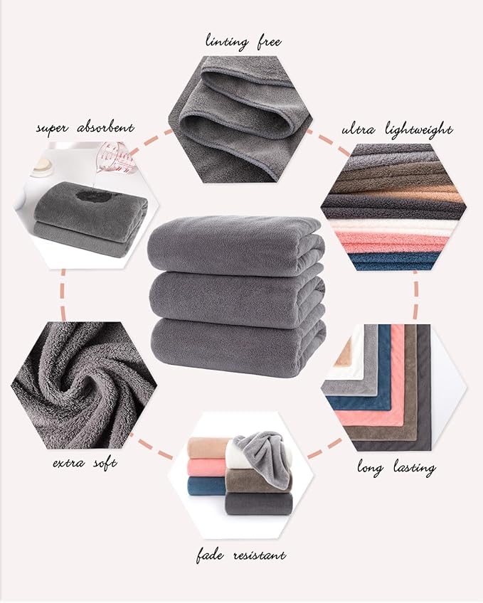 Lumimi Towel Set of 6 Very Soft Microfiber 3 Bath and 3 Hand Towels Quick Dry Light Weight for Bathroom Gym Salon, 6 Pack Dark Grey
