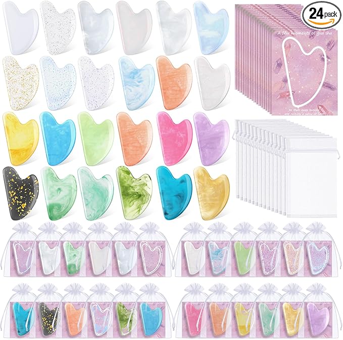 Sherr 24 Sets Gua Sha Facial Tools Bulk Resin Heart Shaped Guasha Boards with Organza Pouch and Cards for Face Body Massage Relaxation Self Care Ideal Spa Acupuncture Prevent Wrinkles(Light Colors)