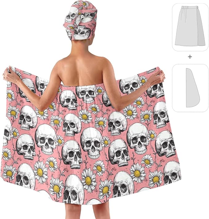 Bath Wrap Set with Hair Turban, Pink and White, Gothic Floral Pattern, Skull and Daisy Print