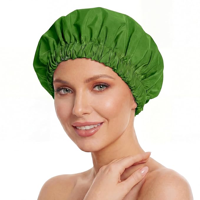 Reusable Shower Cap for Women, Large Waterproof Shower Bonnet with Elastic Band, Washable Bath Hair Cap for Long, Curly Hair, Braids, Daily Shower, Home Spa, Travel(Sage)