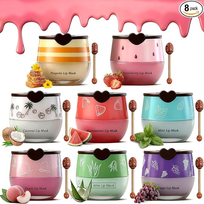 8 PCS Bee Lip Balm Pot, Fruit Moisturizing Propolis Lip Mask, Lip Mask Overnight Moisturizing Lip Balm Hydrating Prevention Dry and Crack Lip Scrubs Exfoliator Lip Wrinkle Care Products